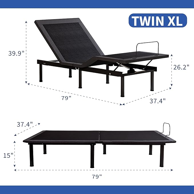 Twin XL Adjustable Bed Base Frame,Electric Bed with Head and Foot Incline, Soft Cover & Zero Gravity & Wireless Remote with Backlight, 80"×38"×12",Black