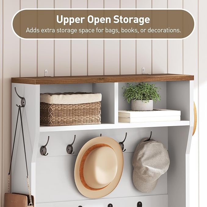 Farmhouse Tall Shoe Cabinet with Coat Rack, Narrow Hidden Shoe Storage Cabinet with 3 Flip Drawers, 2 in 1 Hall Tree with Hooks, Narrow Shoe Organizer for Entryway, Hallway, White and Walnut