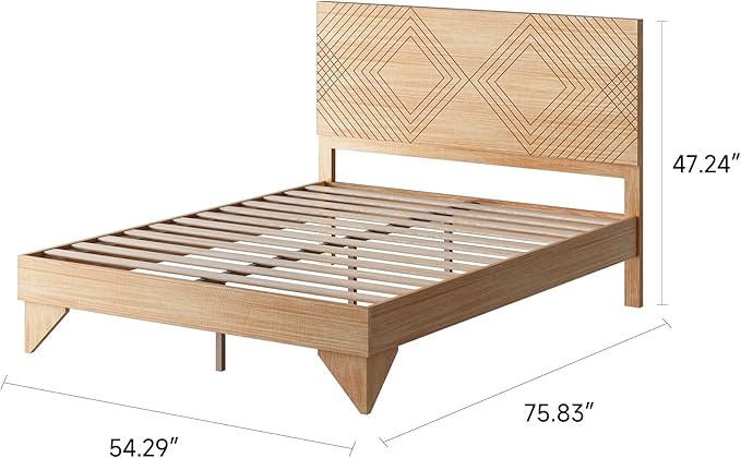 MUSEHOMEINC Solid Wood Platform Bed Frame, Full Size Bed Frame with Line Diamond Pattern Headboard,Wood Slat Support,No Box Spring Needed, Modern Minimalist Wooden Bedframe, Easy Assembly (Full)