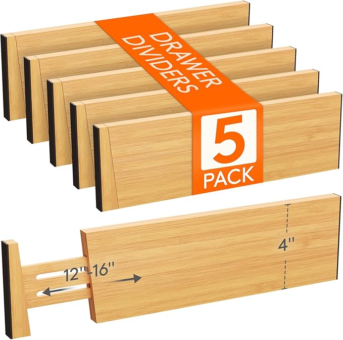 Lifewit 5 Pack Drawer Dividers Bamboo 4" High, 12-17" Adjustable Drawer Organizers for Clothes, Expandable Dresser Separators in Bedroom/Bathroom/Kitchen/Fridge/Office Organization and Storage