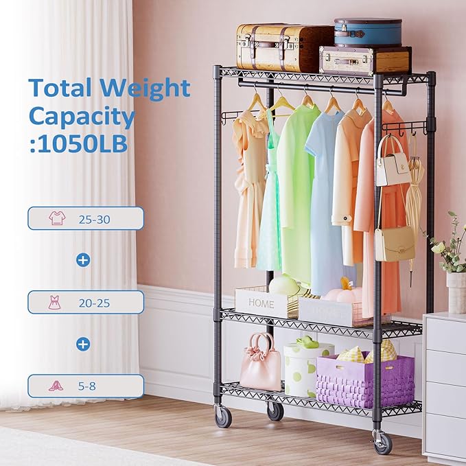 IZEUK 3 Tier Heavy Duty Rolling Garment Rack Wire Clothes Rack for Hanging Clothes, Metal Freestanding Closet Wardrobe Rack with 1 Rods and Wheels Black 15.7" D x 45.3" W x 75.6" H