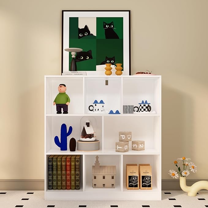 8-Cube Wooden Bookshelf with Base,3-Tier Freestanding Open Storage Organizer,Multi-Functional Bookcase for Living Room,Bedroom,Study and Office (White, 8-Cube)