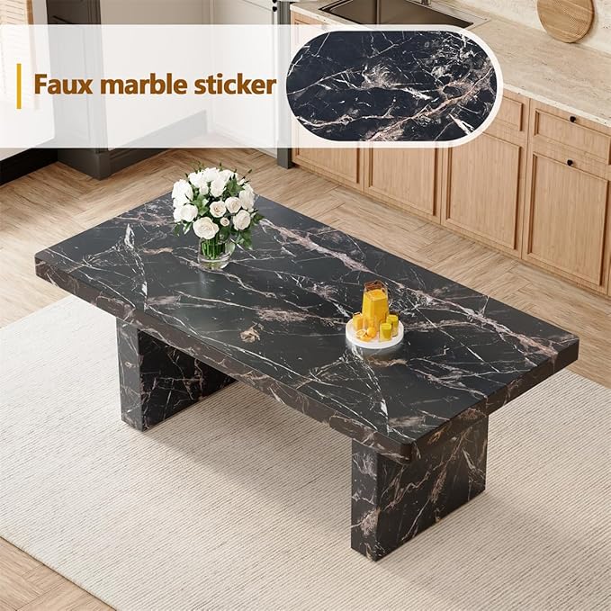 Faux Marble Dining Table Set for 6 (79 Inches Oversized Dining Room Table Set) (3.5'' Thick TOP) ('H' Sturdy Base) Kitchen Table and Ergonomic Dining Chair 6 for Dining Room Living Room, Black