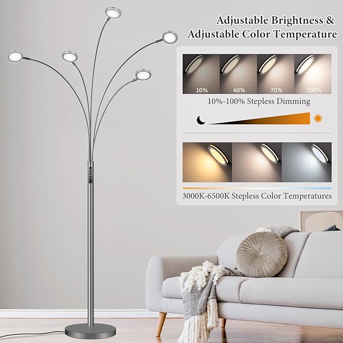 LED Arc Floor Lamp with Remote, 2250LM Dimmable Black Chrome Floor Lamp with Timer, Adjustable Colors, Brightness & 5 Adjustable Arms, Multi-Head Tall Tree Standing Lamp for Living Room Bedroom Office