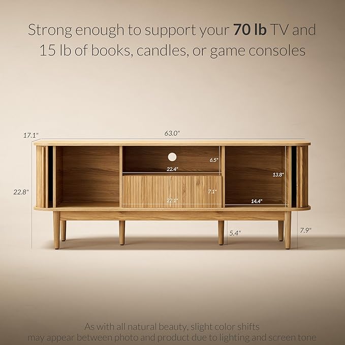 Modern TV Stand for 45/55/70 inch TV, Entertainment Center with Sliding Doors and Storage, Wood TV Stand for Bedroom, Living Room, Natural