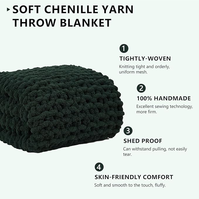 L'AGRATY Chunky Knit Blanket Throw - Soft Chunky Throw Blanket 50x60: 100% Hand Kintted Chenile Crochet Throw Blanket for Couch - Large Cable Knit Chunky Blanket for Home Decor(Olive Green)