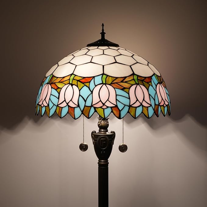 Tiffany Floor Lamp Pink Tulip Style Stained Glass Lamp Bright Lighting Rustic Standing Floor Lamp 16X16X64 Inches Vintage Unique Bronze Reading Corner Lamp for Home Decor Living Room Bedroom