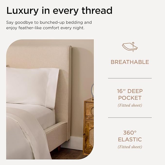 Threadmill 100% Cotton Sheets for Cal King Size Bed - 600 Thread Count Cal King Bed Sheets Set with 16” Deep Pocket - Sateen Weave 4-Piece Bedding Set with Cooling Effect, White
