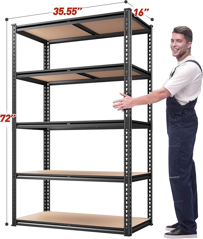 REIBII 2020LBS Storage Shelves 5 Tier Garage Shelving Heavy Duty, Adjustable Metal Shelving, Garage Shelves for Basement, Warehouse, Pantry, Closet, Kitchen 72" H x 35.55" W x 16" D, Black, 2 Pack
