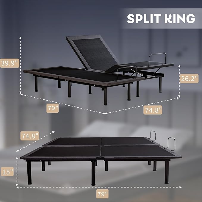 Split King Adjustable Bed Frame with 10 inch Gel Memory Foam Mattress, CertiPUR-US Certified Fiberglass Free, Zero Gravity & Wireless Remote, Head & Foot Incline, 80"×76"