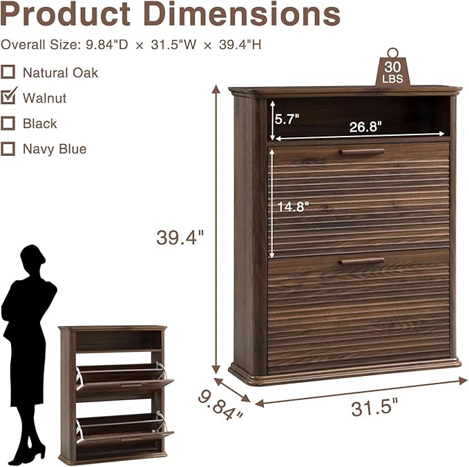 Okvnbjk Fluted Narrow Shoe Cabinet with 2 Flip Drawers, Shoe Storage Cabinet with Open Storage & Curved Profile Design, Wood Shoes Rack for Entryway, Hallway, Dark Walnut