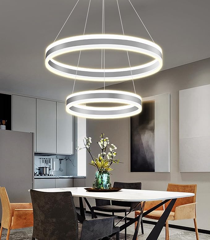 D15.7''+23.6'' Modern Ring Chandelier for Dining Room LED Dimmable Pendant Lighting Chandelier for Living Room Foyer Bedroom Entryway 3000K-6000K Silver