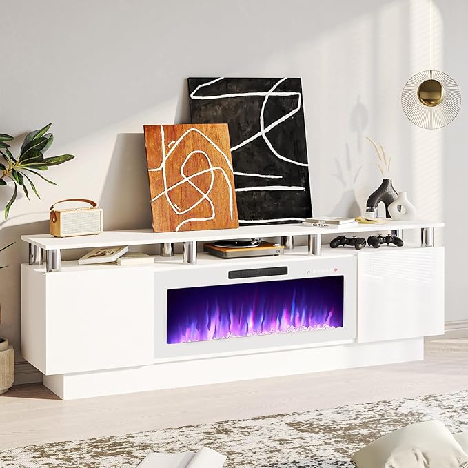 70" Modern Fireplace TV Stand with 36" Electric Fireplace for TVs Up to 80 inch, Luxury LED Light Entertainment Center with High Gloss Cabinet (White + Silver Posts with White Fireplace)