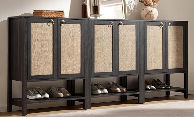 SICOTAS Shoe Cabinet with Storage - 3 Pieces Farmhouse Boho Shoe Organizer with Rattan Doors & Shelves, 5 Tier Free Standing Shoe Rack Storage Cabinet for Entryway, Hallway, Foyer, Closet (Obsidian)