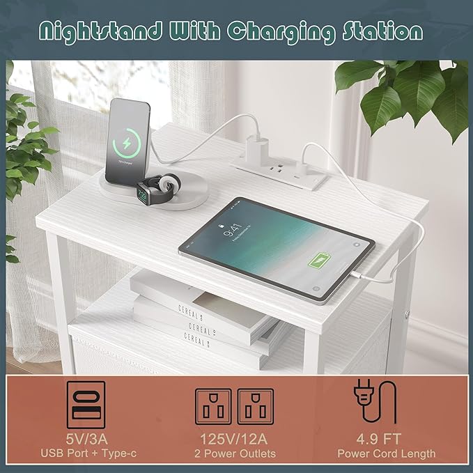 Nightstand with Charging Station,LED White Nightstand with 4 Fabric Drawers PU Finish, Bedside End Tables, 2-Tier Open Storage Shelf Side Table Nightstand with Drawers for Bedroom,White