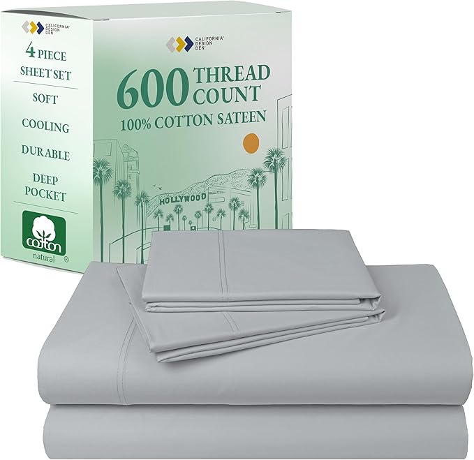 California Design Den - Luxury Full Size Sheet Set - 100% Cotton, 600 Thread Count Deep Pocket Full Size Bed Sheets, Hotel-Quality Cooling Sheets, Sateen Weave - Light Grey