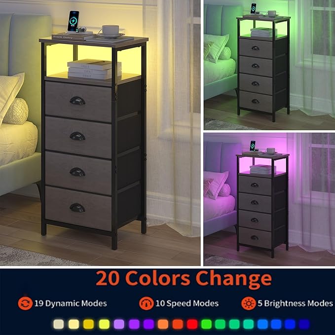 Nightstand with Charging Station,LED Grey Nightstand with 4 Fabric Drawers, Bedside End Tables, 2-Tier Open Storage Shelf Side Table Nightstand with Drawers for Bedroom,Grey