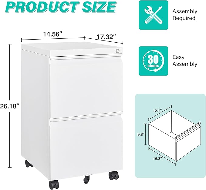 SISESOL 2 Drawer File Cabinet with Lock and Wheels,White Rolling File Cabinets,Locking Mobile Metal Filing Cabinet for Home Office,Under Desk,Fit A4/Letter/Legal File, Easy Assembly