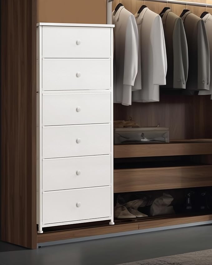Tall Fabric Dresser for Bedroom, Vertical Storage Organizer Tower with 6 Drawers, Chest of Drawers with Bins, Steel Frame, Wood Top for Bedroom, Closet, Entryway White