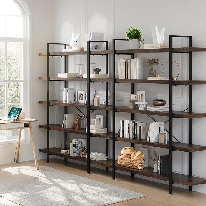 5-Tier Industrial Bookcase, 47 Inch Wide Wood Bookshelf, 120lbs Shelf Capacity, Rustic Open Shelving Heavy Duty Display with Reinforced Horizontal Brown Shelves for Living Room Bedroom Office - 2Pcs