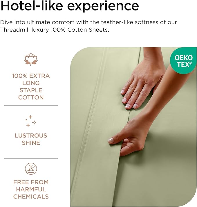 Threadmill 100% Cotton Sheets for King Size Bed - 600 Thread Count King Bed Sheets Set with 16” Deep Pocket - Sateen Weave 4-Piece Bedding Set with Cooling Effect, Sage Green