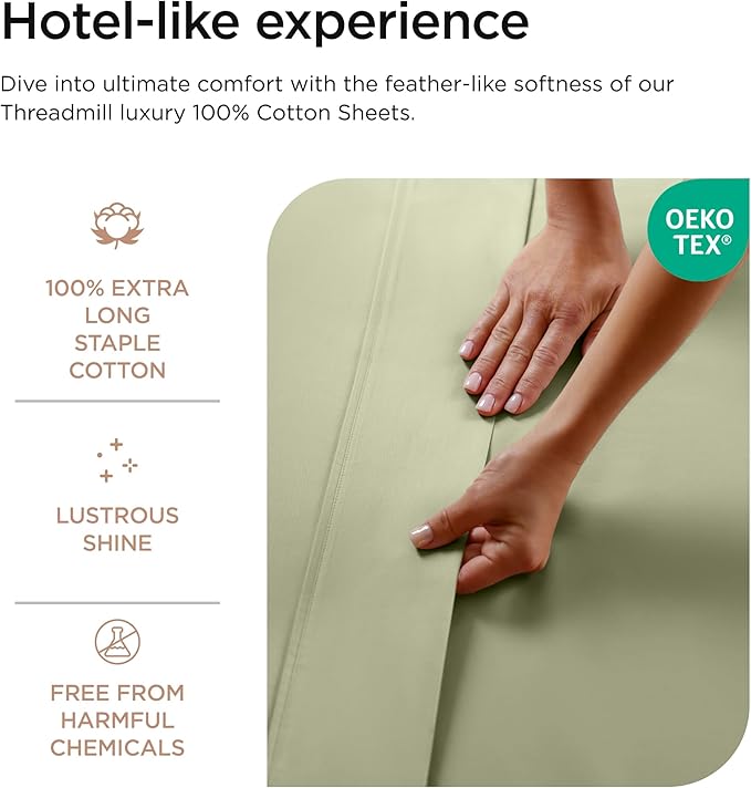 Threadmill 100% Cotton Sheets for Twin XL Size Bed - 600 Thread Count Twin XL Bed Sheets Set with 15” Deep Pocket - Sateen Weave 3-Piece Bedding Set with Cooling Effect, Sage Green