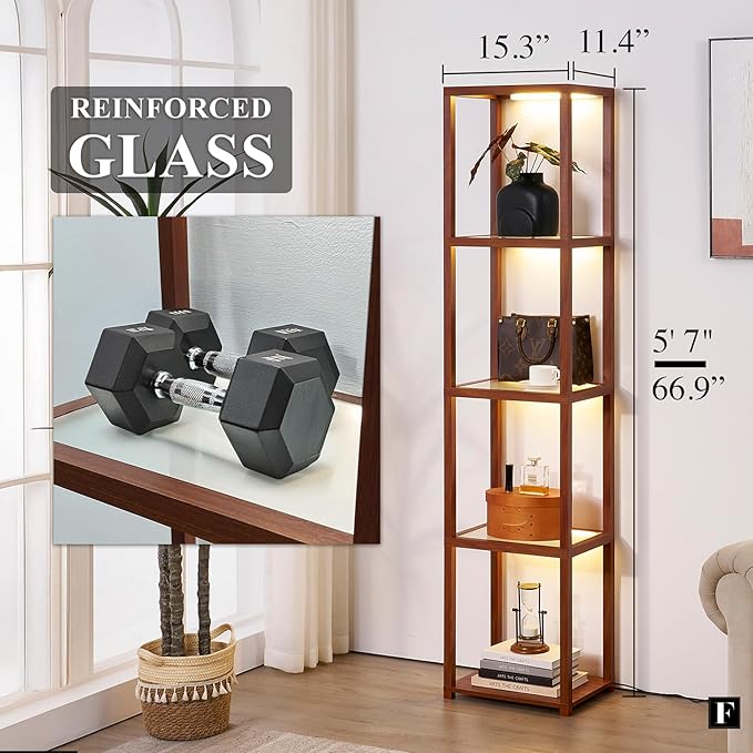 FENLO LED Display Shelf Unit – Dimmable Lighted Furniture for Bedroom, Living Room, or Office – Glass Curio Cabinet Shelf Lamp with App + Remote Control + Adjustable Lighting