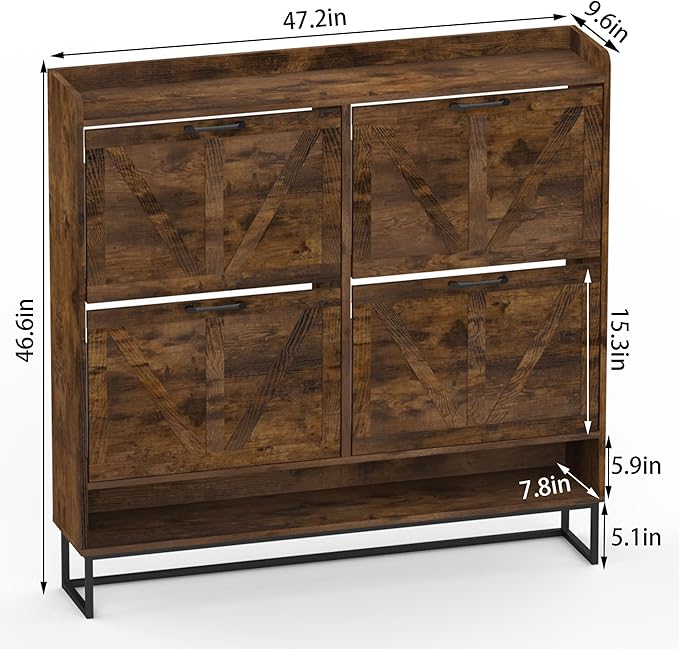 MISHAO Shoe Storage Cabinet with 4 Flip Drawers, Narrow Hidden Shoe Cabinet for Entryway, Freestanding Slim Shoe Rack Organizer with Metal Legs, Rustic Brown