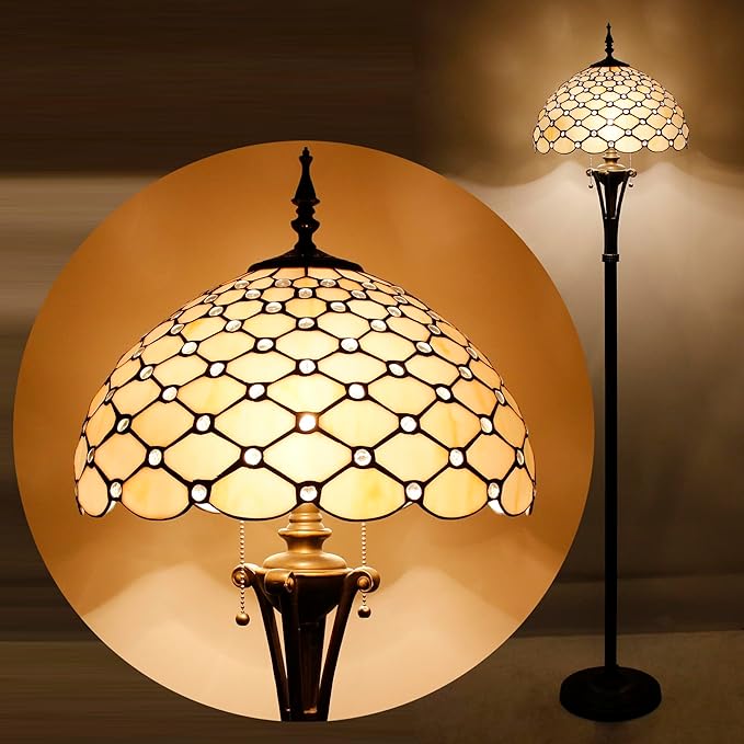 Tiffany Floor Lamp Cream Amber Bead Stained Glass Standing Reading Light 16X16X70 Inches Antique Pole Corner Lamp Decor Bedroom Office Living Room