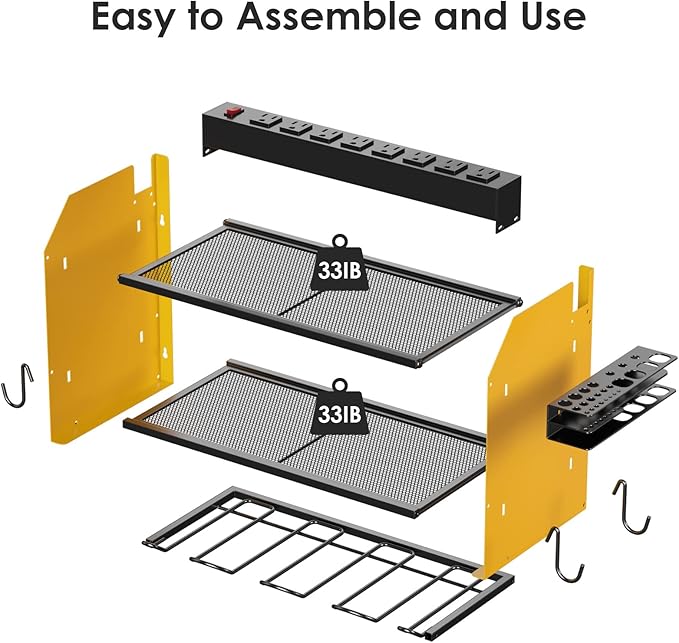 CCCEI Modular Power Tool Organizer Wall Mount with Charging Station. Garage 4 Drill Storage Shelf with Hooks, Screwdriver, Drill Bit Heavy Duty Rack, Tool Battery Holder Built in 8 Outlet Power Strip.