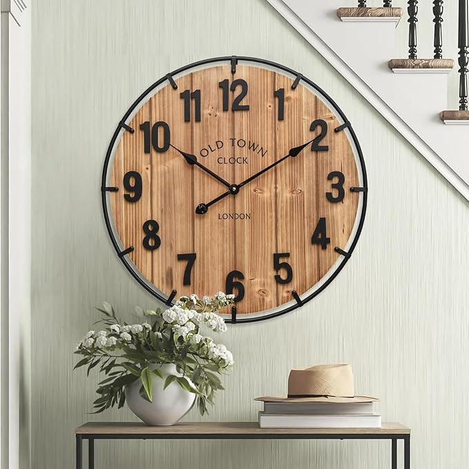 24 Inch Farmhouse Wall Clock Large Old Town Vintage Rustic Wooden Clock with Metal Rim and Large Numerals, Silent Battery-Operated for Office, Kitchen, Bedroom, and Living Room