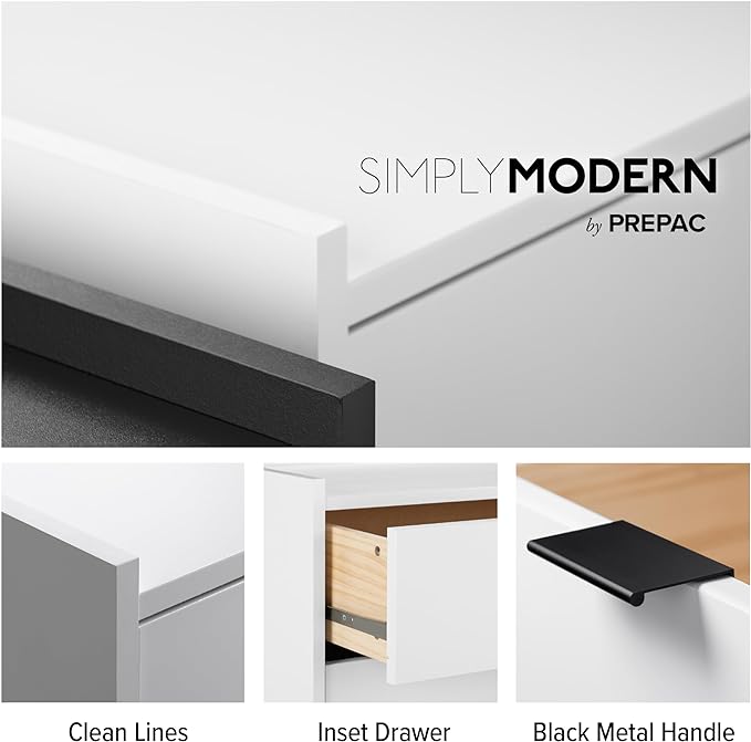 Prepac Simply Modern Nightstand Bedside Table, White Nightstand for Bedroom, End Table with 2 Drawers and Open Shelf 23.75" W x 26.75" H x 16" D