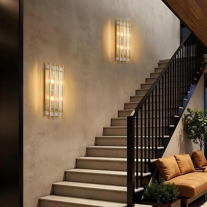 Modern Brass Wall Sconce,25in Grand Rectangular Ribbed Glass Wall Sconces,Indoor Hardwired Gold Wall Sconces for Large Spaces,for Living Room,Hallway,Stairway Sconces Wall Lighting,Included E12 Bulbs