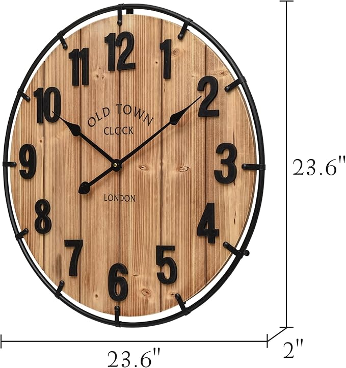 24 Inch Farmhouse Wall Clock Large Old Town Vintage Rustic Wooden Clock with Metal Rim and Large Numerals, Silent Battery-Operated for Office, Kitchen, Bedroom, and Living Room