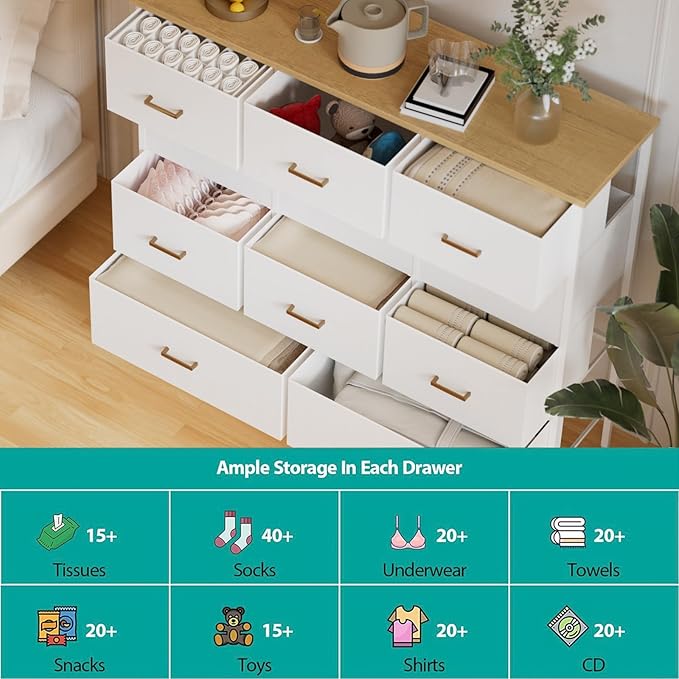 Wide TV Stand Modern TV Console, 11 Drawers Tall Dresser for Bedroom, Fabric Storage Cabinet, Chest of Drawers for Closet, Nursery, Living Room（White）
