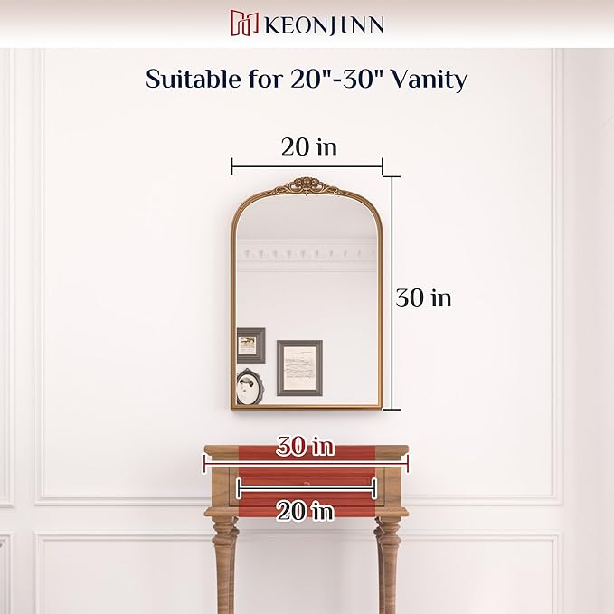 Keonjinn Vintage Gold Mirror 20" x 30", Arched Decorative Mirrors for Wall Decor, Antique Mirror Bathroom, Ornate Baroque Brass Mirror for Mantle, Entryway, Living Room, French Cleat Mounting