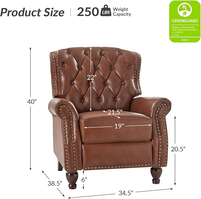 HULALA HOME Genuine Leather Recliner Chair Set of 2 w/Solid Wood Feet, Modern Adjustable Tufted Push Back Arm Chair w/Rivet Decoration, Home Theater Seating Reclining Sofa for Living Room, Brown