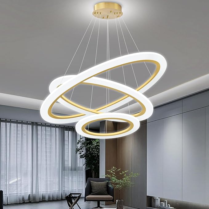 Modern LED Chandelier 3 Ring Chandelier for Dining Room Living Room Pendant Lighting Fixture High Ceiling Hanging LED Pendant Ceiling Light Fixture for Bedroom Foyer Gold