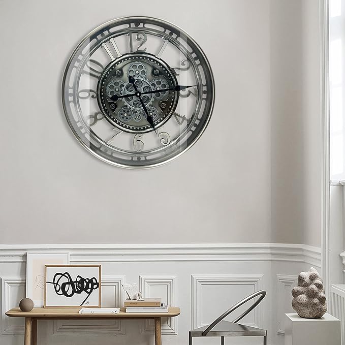 DORBOKER Moving Gears Wall Clock Large Modern Metal Clocks for Living Room Decor, Industrial Steampunk Unique Vintage Rustic Decorative Clock for Home Farmhouse Office, 28 Inch,Gunmetal Arabic