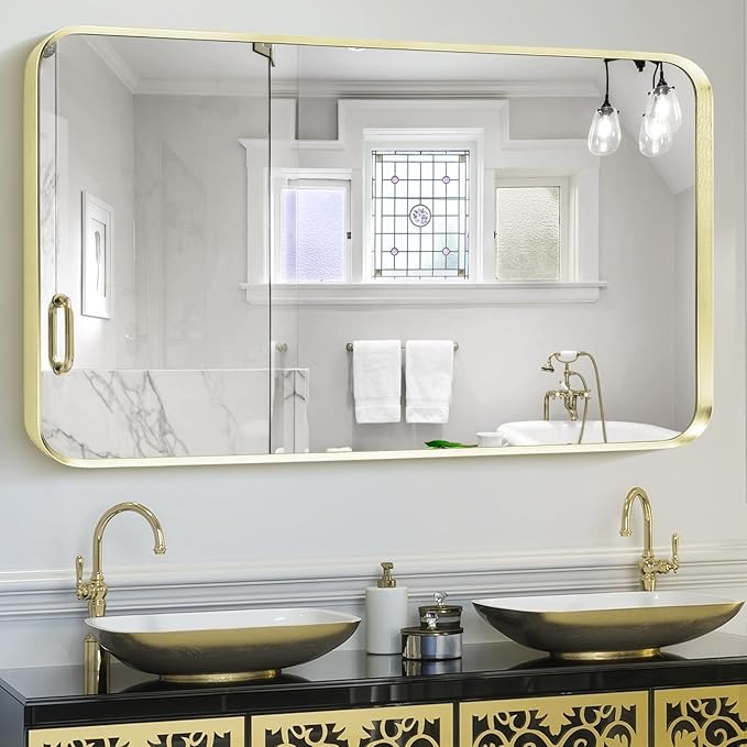 Gold Metal Framed Bathroom Mirror for Wall, Large Brushed Gold Rounded Corner Rectangular Bathroom Vanity Mirror, Anti-Rust, Tempered Glass, Hangs Horizontally or Vertically (30" x 55", Gold)