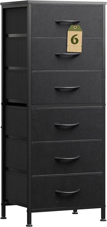 WLIVE Black Tall Dresser for Bedroom, 6 Drawer Dressers & Chests of Drawers, Fabric Dresser for Closet, Living Room, Night Stand with Metal Frame, Storage Tower with Fabric Bins, Wood Top