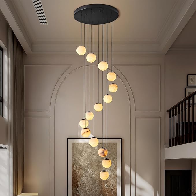 Black Alabaster Chandelier,14-Lights Staircase Chandelier for Entryway, Modern Marble Hanging Light Fixture, Hight Ceiling, Foyer, Living Room, Staircase, Entry