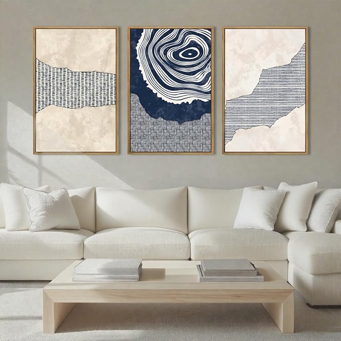 Anyzal Large Navy Blue Tree Rings Wall Art Framed Modern Abstract Neutral Paintings Artwork for Living Room Bedroom Office 16x24 Inch Set of 3
