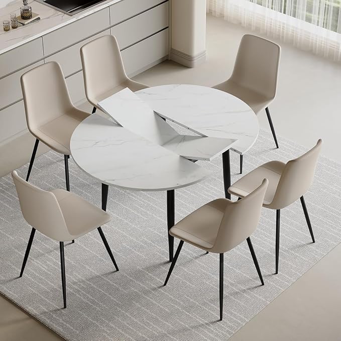 42"-54" Extendable Dining Room Table Set for 6, Round Dining Table Set for 6, White Kitchen Table with Upholstered Chairs Set of 6, 7 Piece Dining Table Set for Small Spaces, Easy Assembly