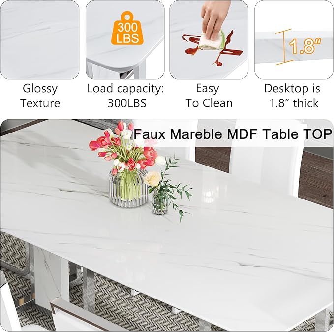 79'' Modern Dining Table Set for 10,White Kitchen Table Set,Luxury Dining Table Set with 1.8-inch Thick Faux Marble Table Top＆10 Pu Leather Upholstered Chairs Ideal for Dining kicken Room