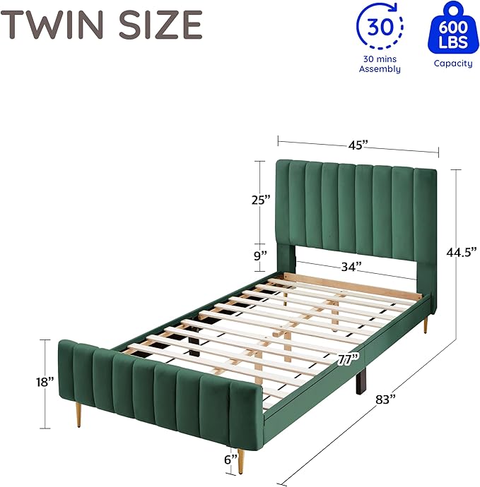 Livinia Twin Size Elton Velvet Platform Bed, Upholstered Bed Frame with Vertical Channel Tufted Headboard Footboard, Strong Wood Slats, No Box Spring Needed, Green (Twin)