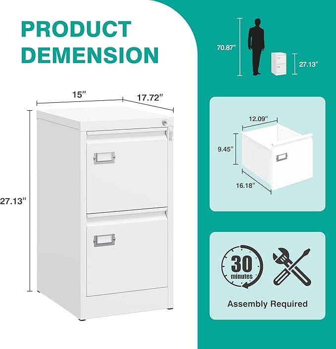 SISESOL 2 Drawer File Cabinet with Lock and Tag,Narrow Two Drawer Filing Cabinet,White Vertical Metal File Cabinets,Small Filing Cabinets for Home Office Fit Letter/A4/Legal Size File,Easy Assembly