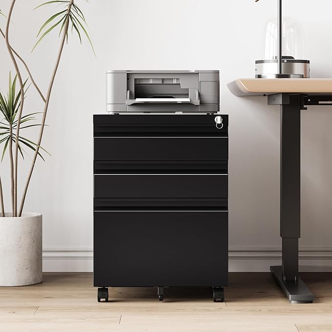 3 Drawer File Cabinet，Mobile Filing Cabinet with Lock and Wheels，Fully Assembled Metal Under Desk File Cabinets for A4/Letter/Legal Size（Black
