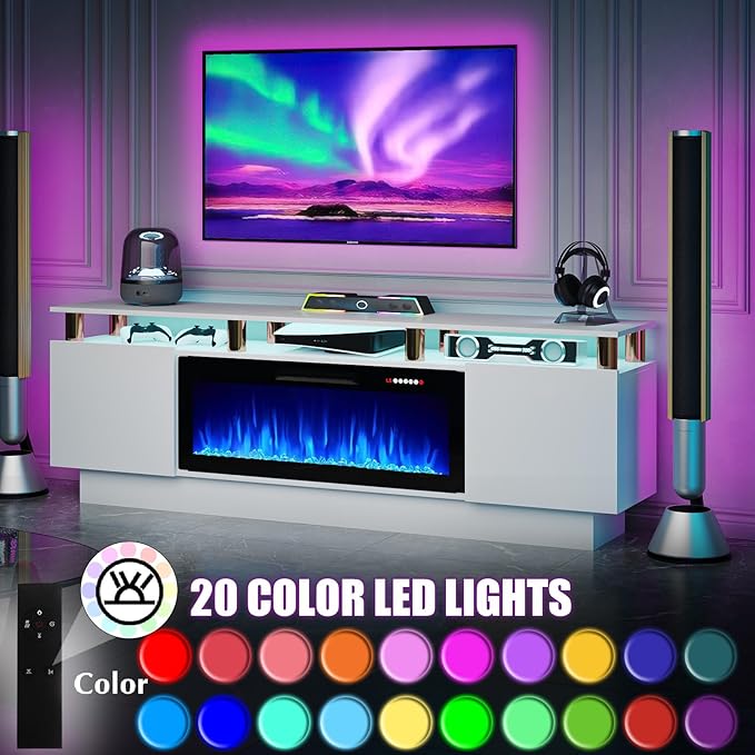 70" Modern Fireplace TV Stand with 36" Electric Fireplace for TVs Up to 80 inch, Luxury LED Light Entertainment Center with High Gloss Cabinet, TV Consoles for Living Room, White + Gold Posts