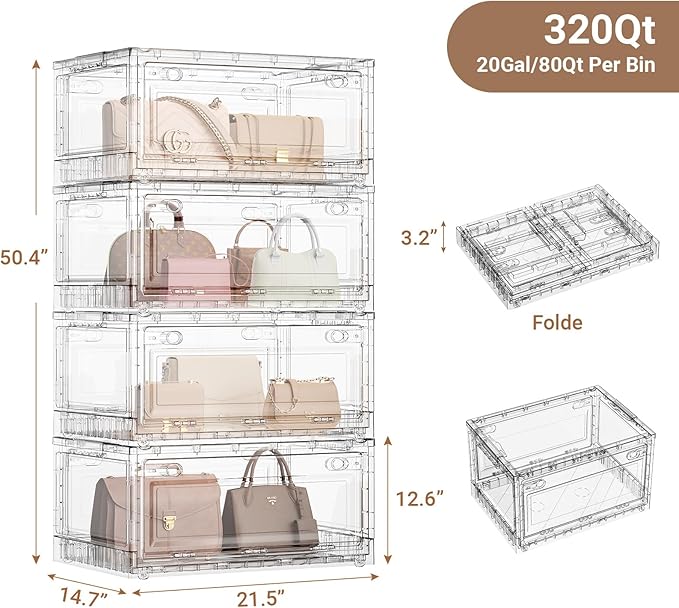 BROVIEW Clear Stackable Storage Bins Drawers, Open Front Large Plastic Storage Bins with Lids, Foldable Closet Organizers and Storage for Wardrobe Cabinets, Pantry, Makeup,4 Pack